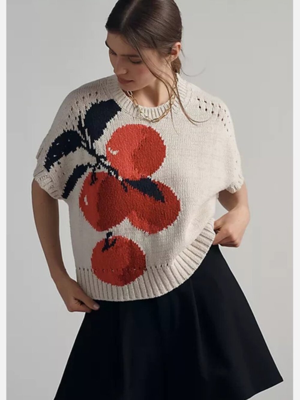 Anthropologie Maeve Short-Sleeve Veggie Motif Graphic Sweater Apples L NWT - Picture 2 of 5